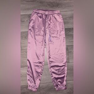 Allegra K Size XS Satin Purple Joggers W Tassle Drawstrings High Rise Full Lengt
